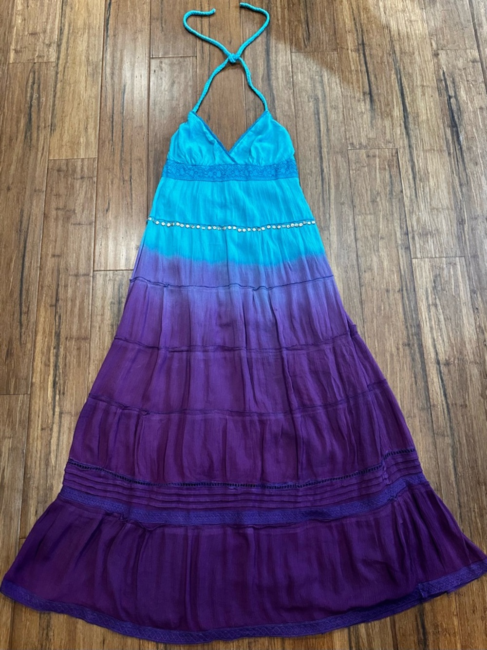 Boho Hippie Festival Halter Maxi Gauze Dress in Blue to Purple Ombre